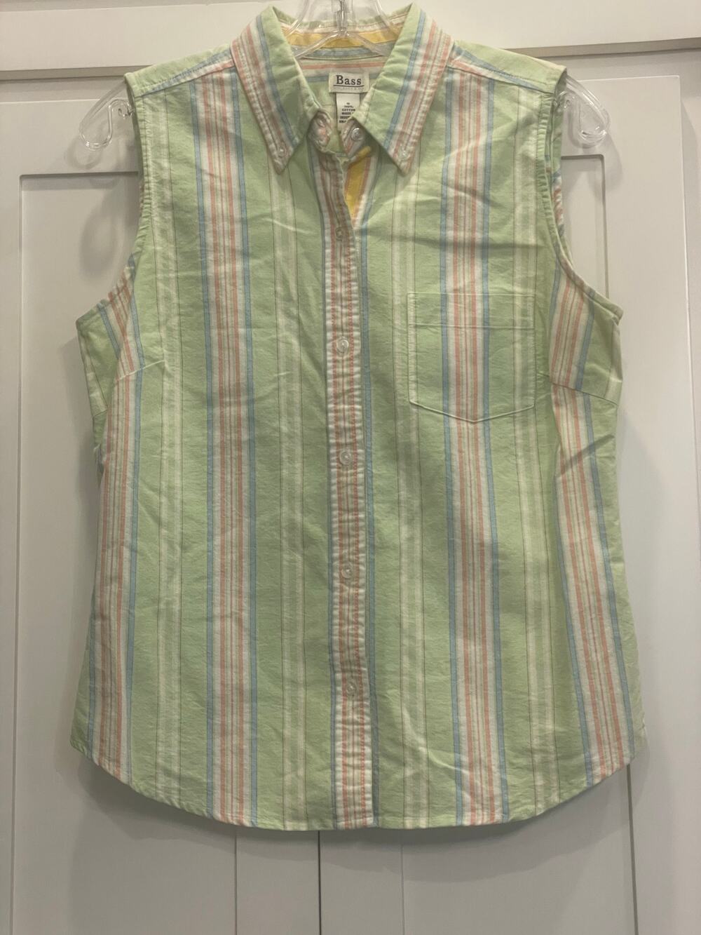 BASS Sleeveless button up Camp Shirt mint green/pink stripe Small 100% Cotton